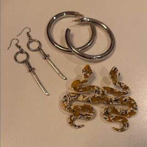 Silver Hoop Earrings and Yellow Snake Earrings Set